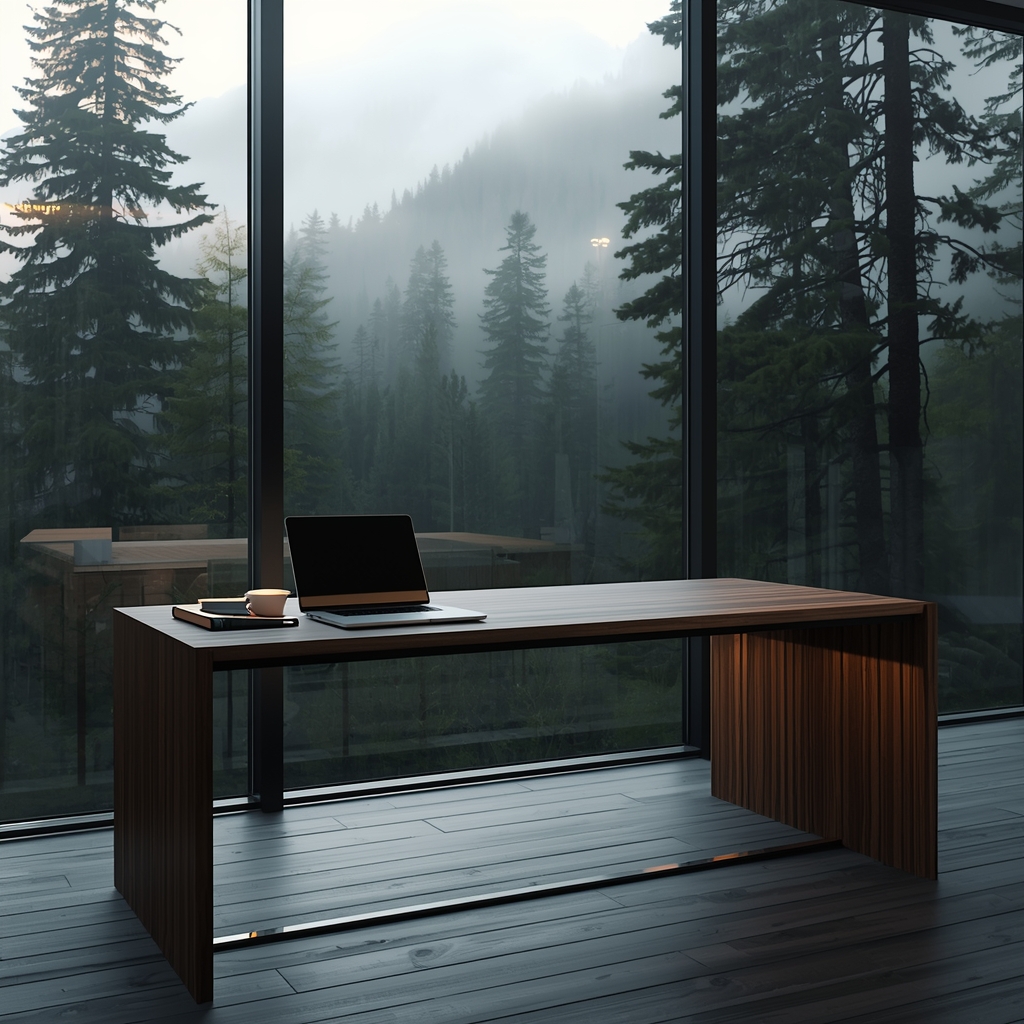A high-end minimalist wooden desk with a sleek laptop and a recycled notebook, positioned next to a large floor-to-ceiling glass window overlooking a misty pine forest in the Swiss Alps at sunrise. Cinematic lighting, photorealistic. No people.